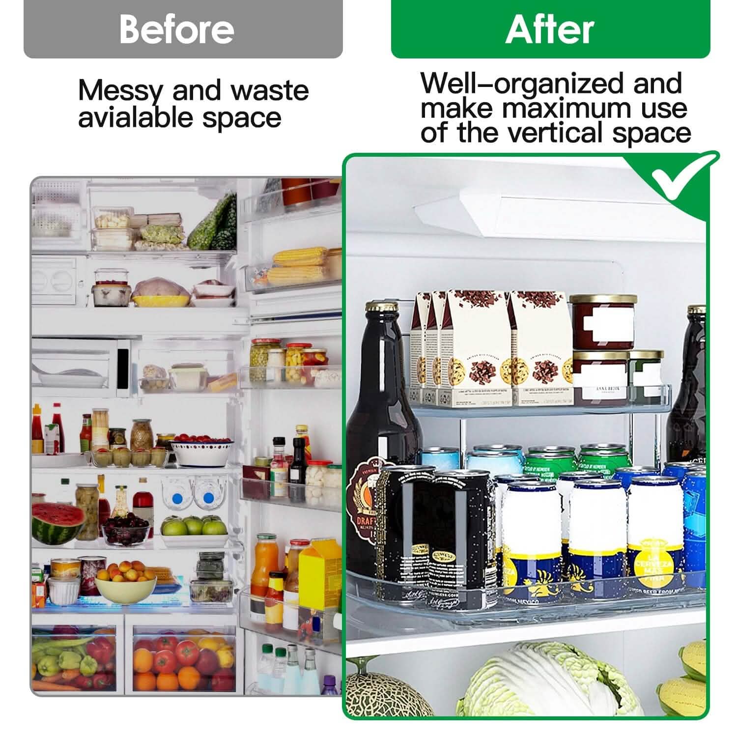 2-Tier Turntable Organizer Rectangular Refrigerator Spinner Storage Rack with 360° Rotatable Slide Rail