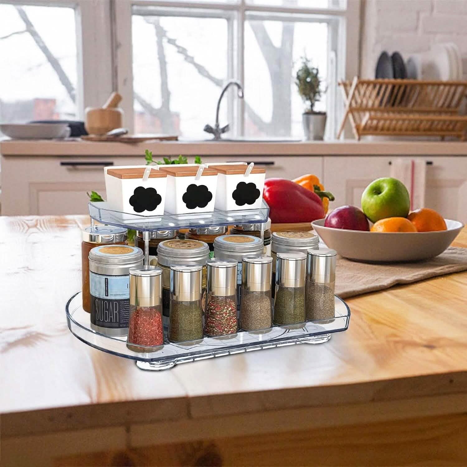 2-Tier Turntable Organizer Rectangular Refrigerator Spinner Storage Rack with 360° Rotatable Slide Rail