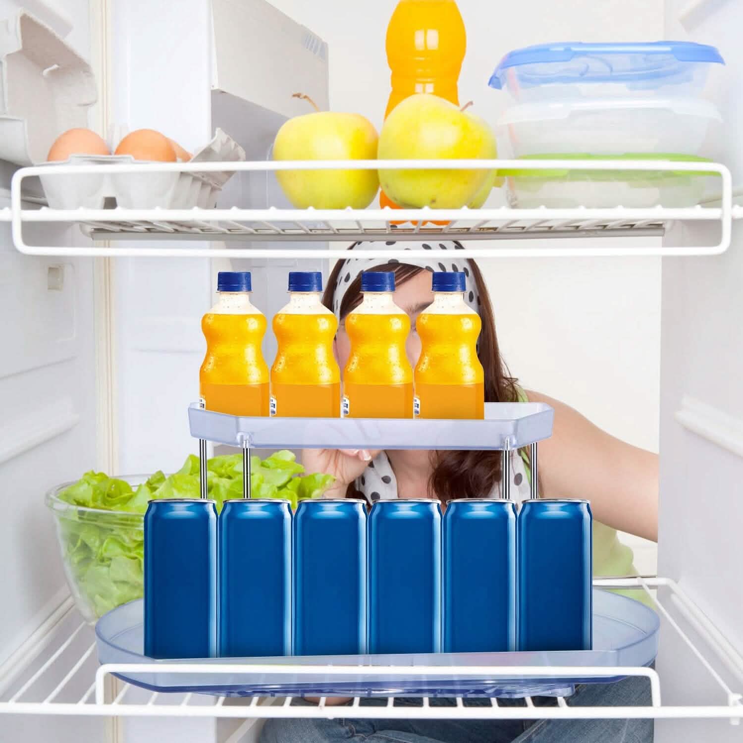 2-Tier Turntable Organizer Rectangular Refrigerator Spinner Storage Rack with 360° Rotatable Slide Rail