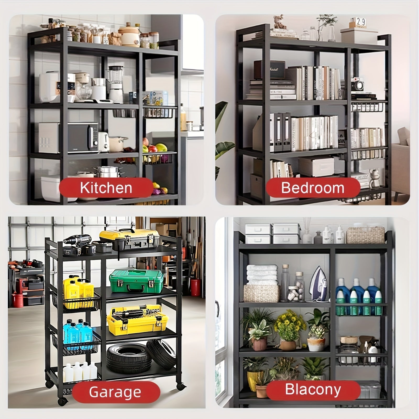 4-Tier Rolling Storage Rack with Baskets, Metal Utility Shelf on Wheels, Kitchen Garage Organizer